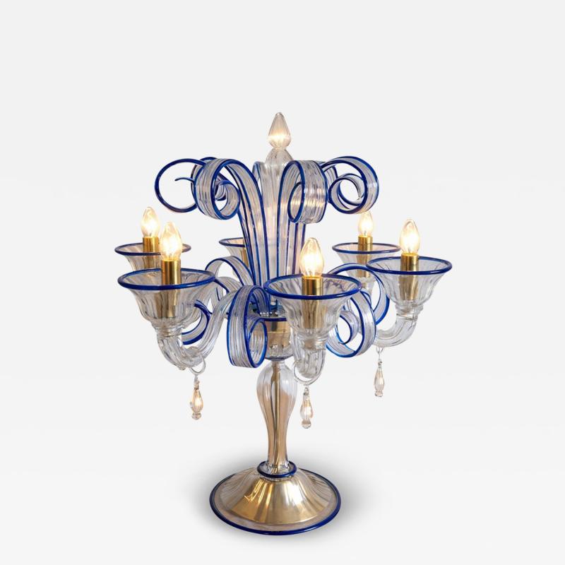 Table Lamp Murano Glass 5 Arms in Clear and Blue