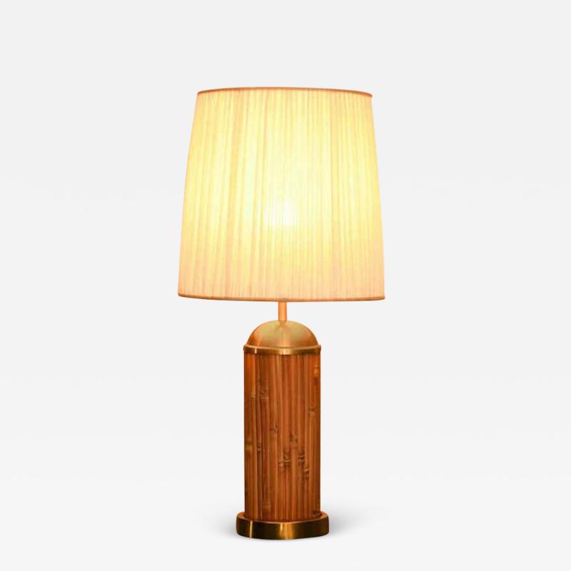 Table Lamp in Rattan and Brass from the 70s Complete with Fabric Lampshade