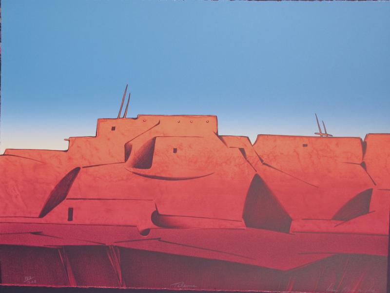 Talavie Hopi Desert Landscape Village Scene Blues Reds Early Morning