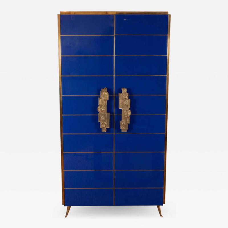 Tall 2 Door Cobalt Blue Glass with Brass Inlays Cabinet or Dry Bar Spain 2019