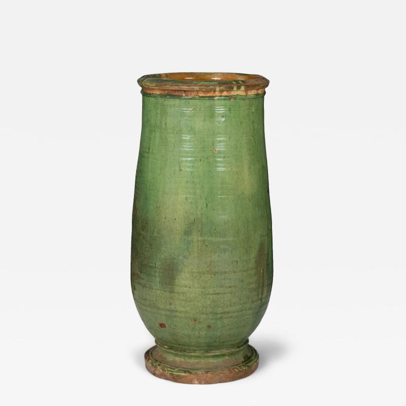 Tall Antique French Green Glazed Olivette Jar