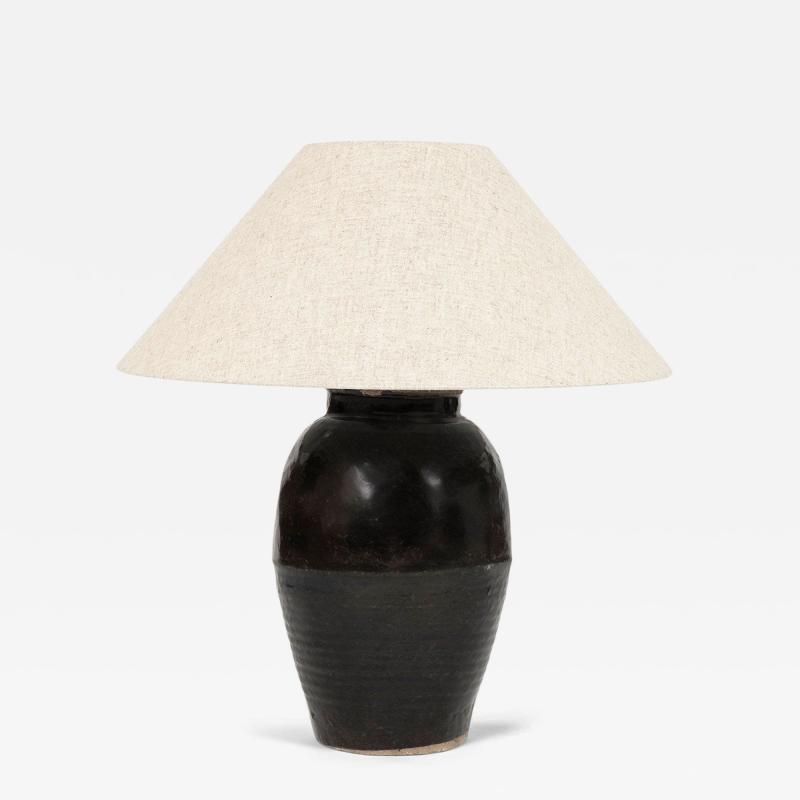 Tall Black Glazed Pottery Table Lamp with Linen Shade