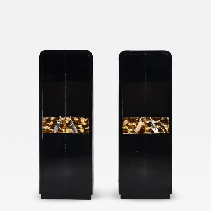 Tall Black Lacquer Cabinets with Horn Handles by Alessandro for Baker