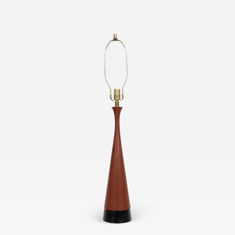 Tall Danish Modern Turned Teak Table Lamp with Black Enamel Base circa 1960