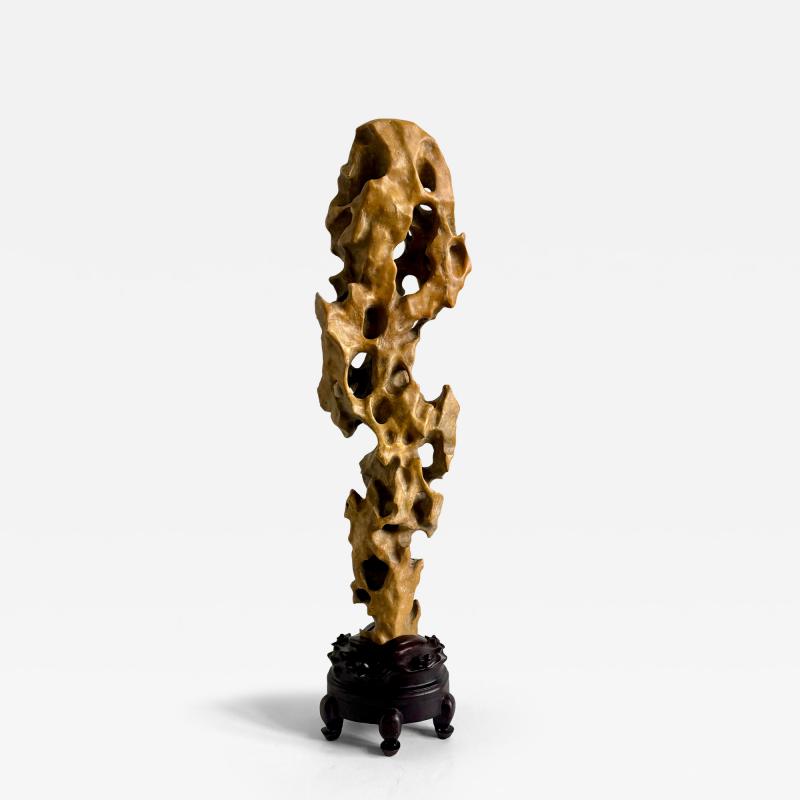 Tall Elegant Chinese Scholar Rock Yellow Taihu Stone on Wood Stand