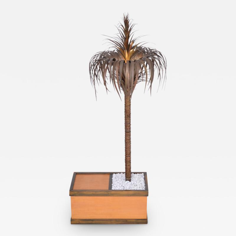 Tall Italian Hollywood Regency Palm shaped lamp in brass and wood with cabinet