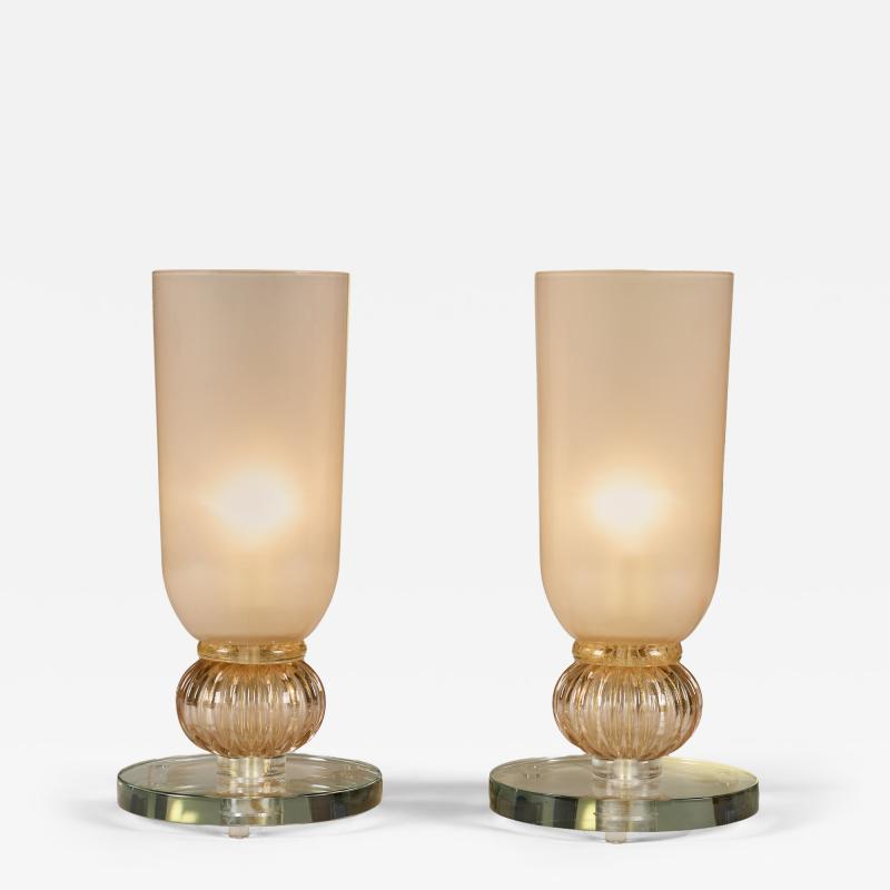 Tall Italian Murano rose pink glass urn upligthers with decorative fluted ball