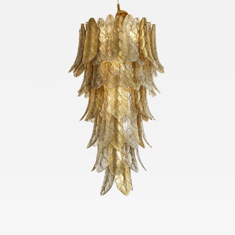 Tall Metallic Gold and Smoked Taupe Murano Glass Leaf Chandelier Italy 2021