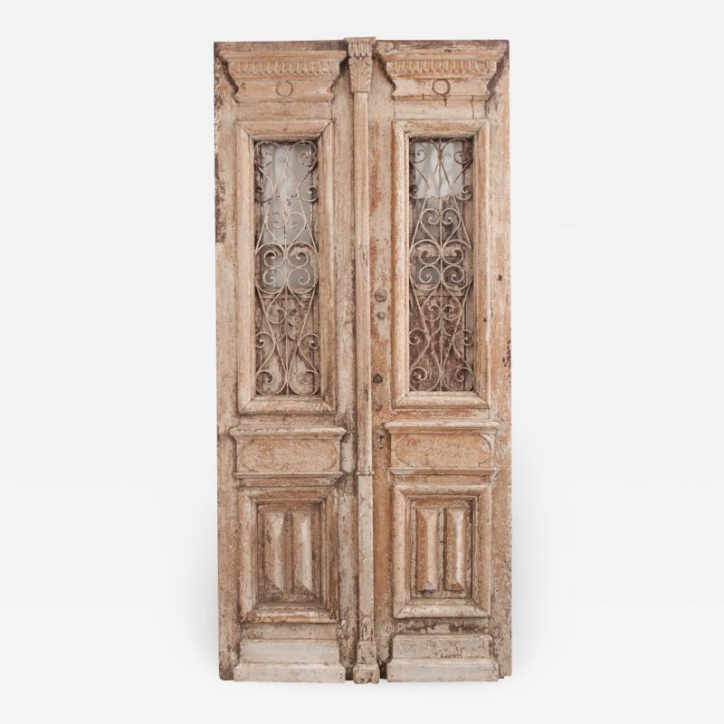 Tall Pair of Napoleon III Style Painted Pine and Iron Exterior Doors