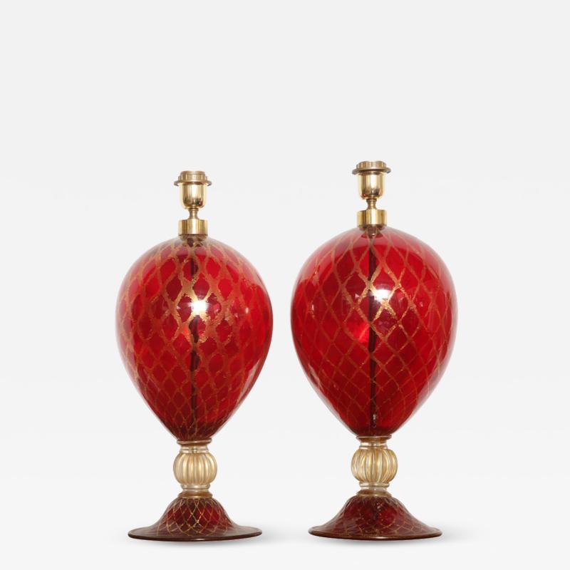 Tall Ruby Red and Gold Leaf Murano Glass Table Lamps 1975s