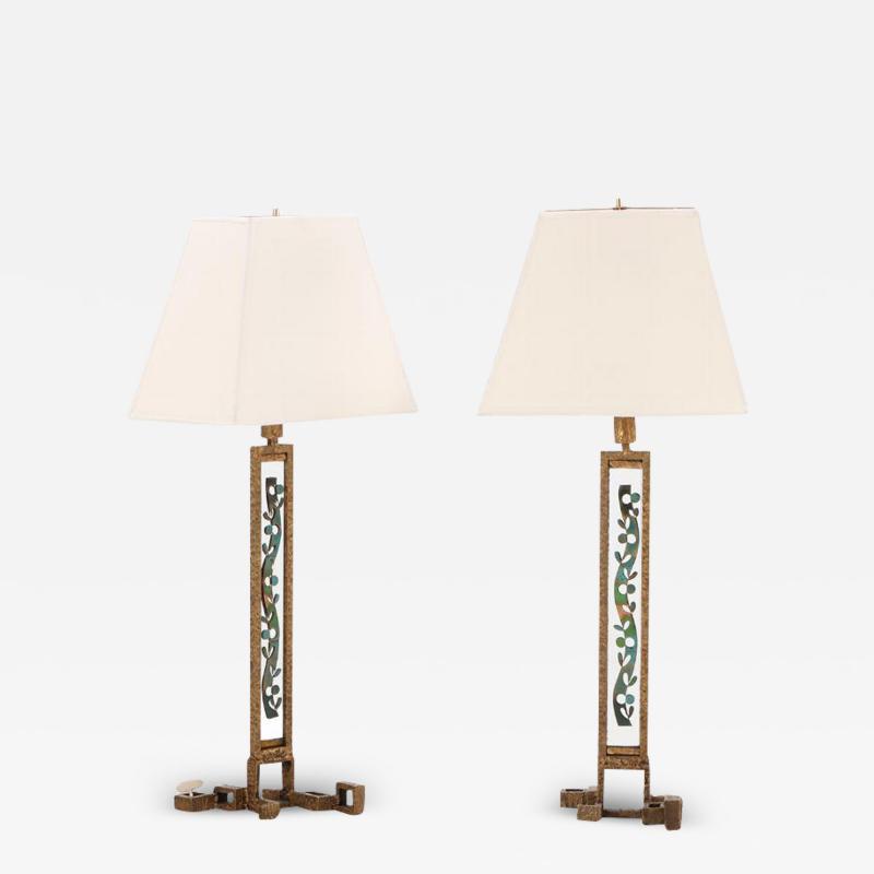 Tall pair of Italian bronze and enamel brutalist style table lamps C 1970 