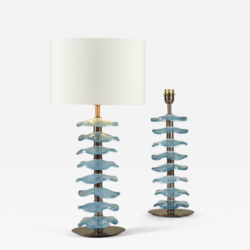 Tall pair of Murano aqua petal lamps