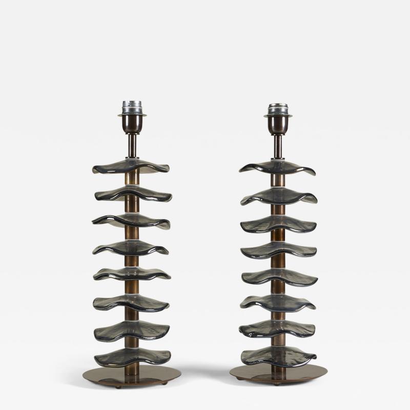 Tall pair of Murano grey petal lamps