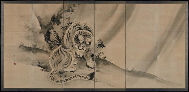 Tani Bunchu 19th Century Japanese Screen Pair Tiger Dragon by Tani Bunchu 