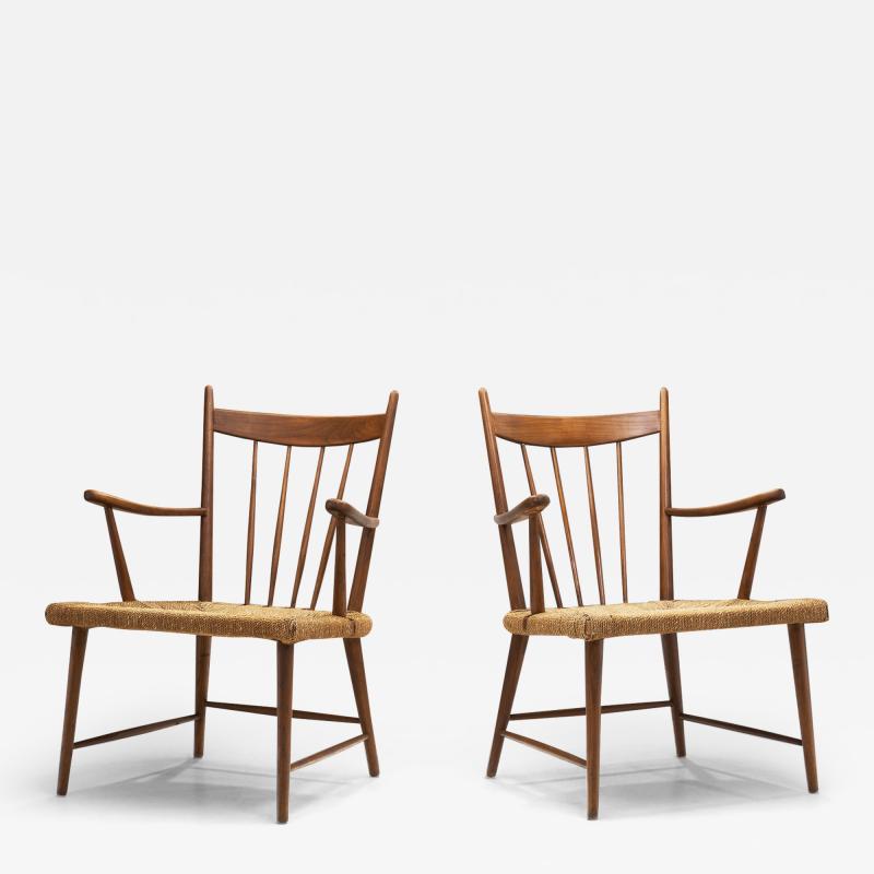 Teak Slatback Chairs with Woven Danish Cord Seats Denmark ca 1960s