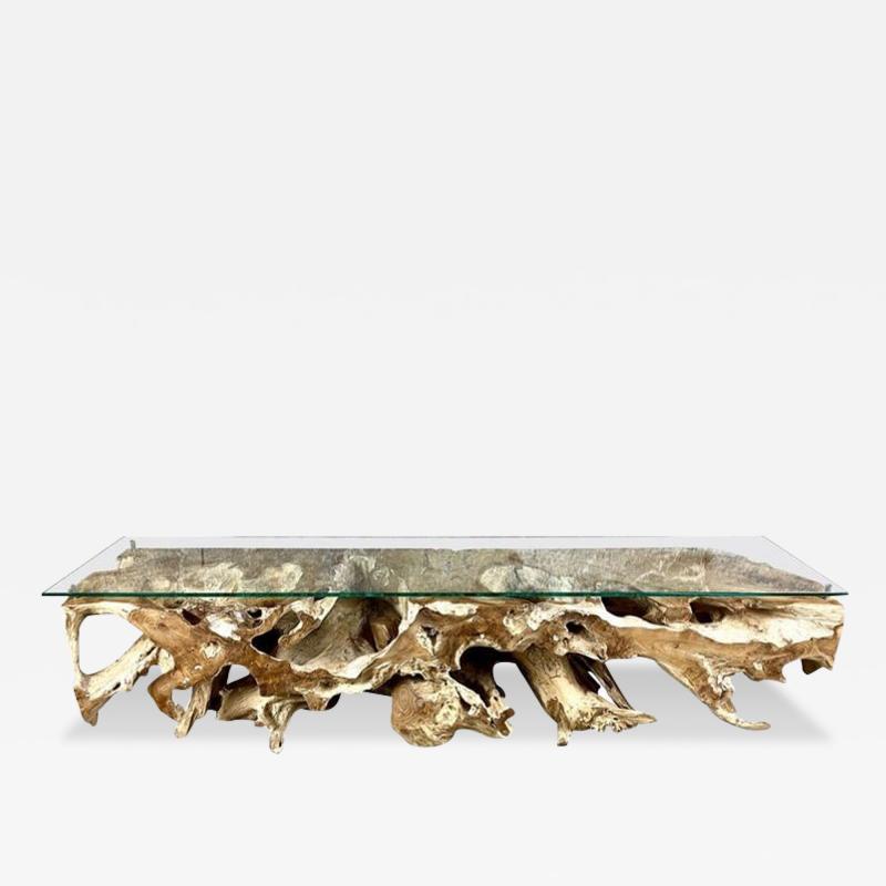 Teak Wood Root Console Lowboard with Safety Glass Top Organic Modern 2021