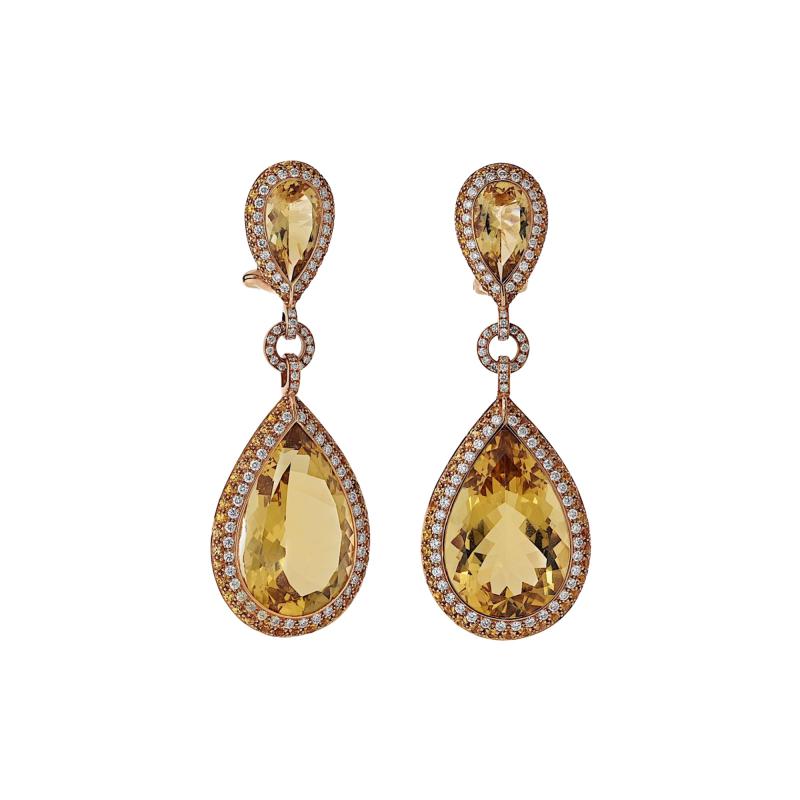 Tear Drop 18K Yellow Gold Citrine and Fancy Diamond Drop Earrings