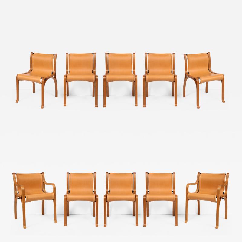 Ten Saddle Stitched Leather Bent Wood Dining Chairs