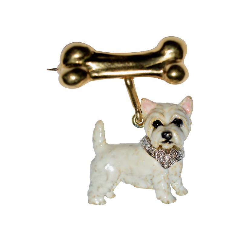 Terrier Dog Bone Gold Enamel Brooch