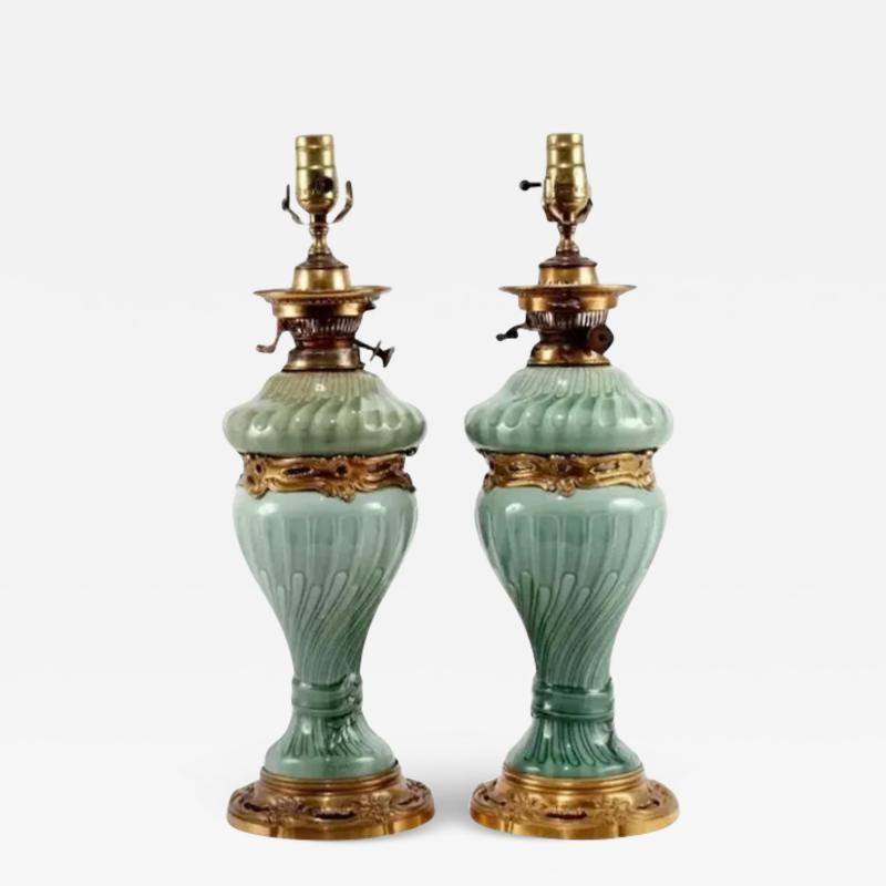 Th odore Deck Pair of French Theodore Deck Ormolu Mounted Celadon Porcelain Lamps