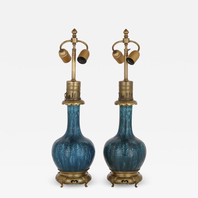 Th odore Deck Pair of gilt bronze and faience lamps attributed to Th odore Deck