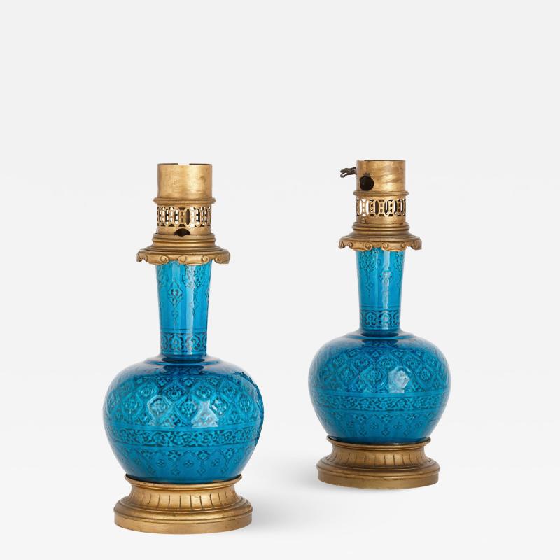 Th odore Deck Pair of gilt bronze mounted faience lamps by Deck