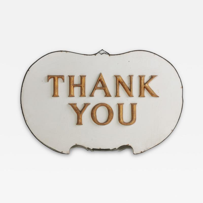 Thank You tole signage with raised letters 1950s American White and Gold