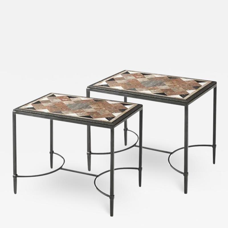 Theodore Alexander English Regency Style Pair of Cocktail or Side Tables Iron Bronze Mixed Marbles