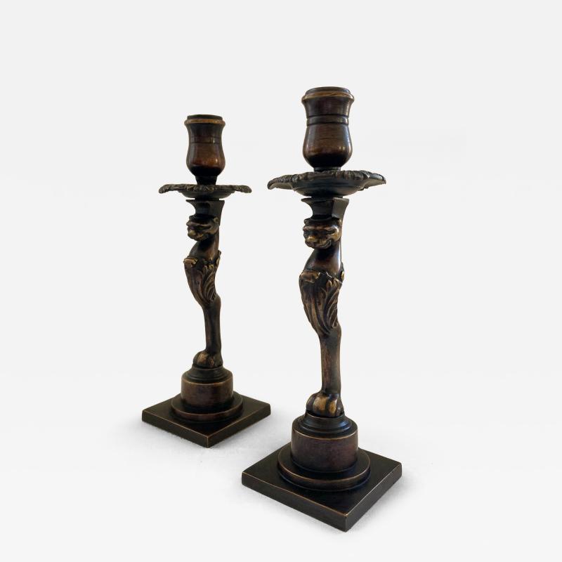 Thomas Hope A Rare Pair of Regency Patinated Bronze Candlesticks