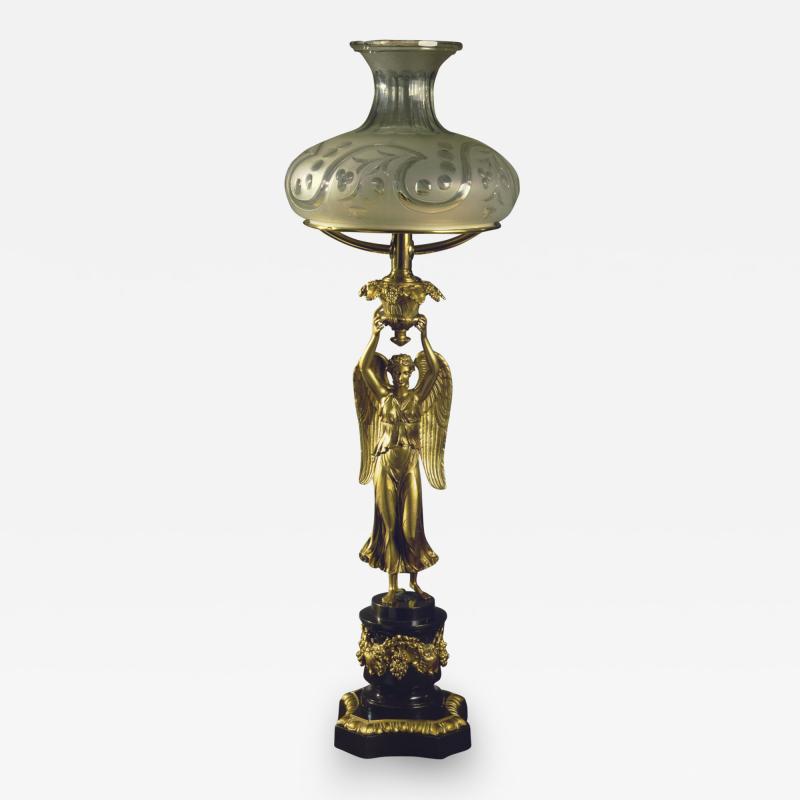 Thomas Messenger Sons Lacquered Brass Sinumbra Lamp with the Goddess Nike