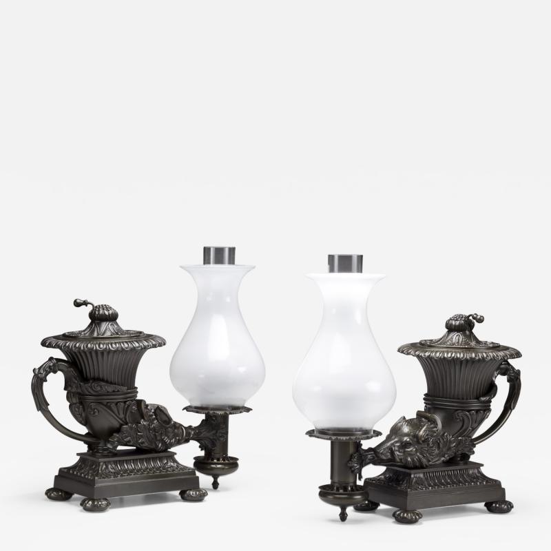 Thomas Messenger Sons Pair of Bronze Argand Lamps in the form of Anciet Rhytons