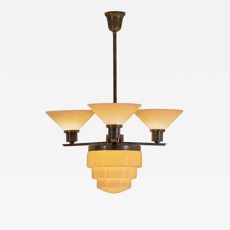 Three Arm Metal and Opal Glass Chandelier with Stepped Shade Europe 1930s