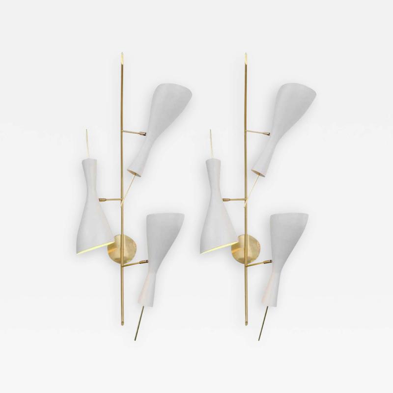 Three Brass and White Metal Shade Midcentury Style Sconces