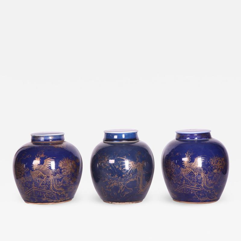 Three Chinese Late 18th Century Blue Glazed and Gilt Porcelain Ginger Jars