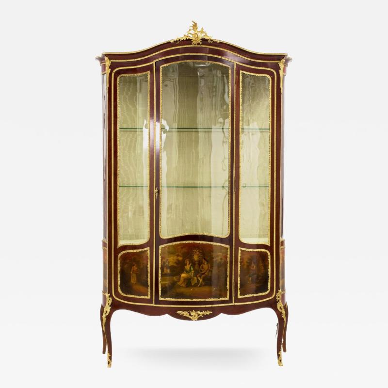Three Door Mahogany Display Cabinet With Painted Panels And Gilt Bronze Mounts