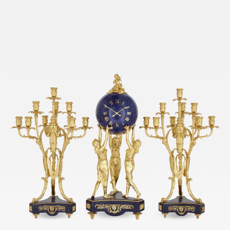 Three Graces three piece lapis and gilt bronze clock set