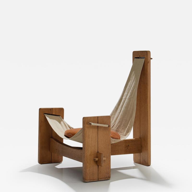 Three Legged Oak Sling Chair ca 1960 1970s