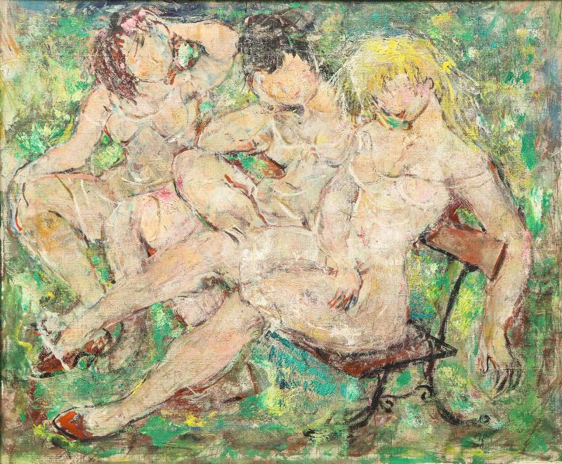 Three Nudes on a Park Bench Oil on Canvas