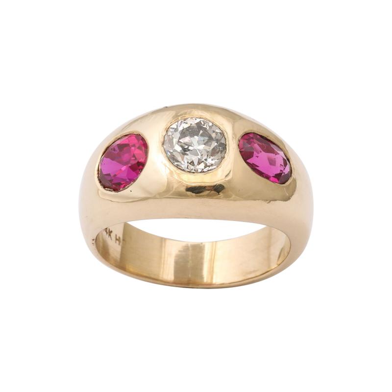 Three Stone Diamond and Natural Ruby Gold Ring