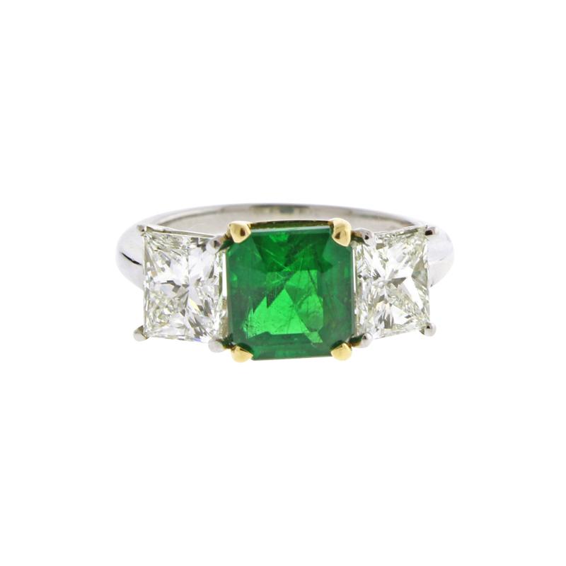 Three Stone Zambian Emerald and Diamond Ring