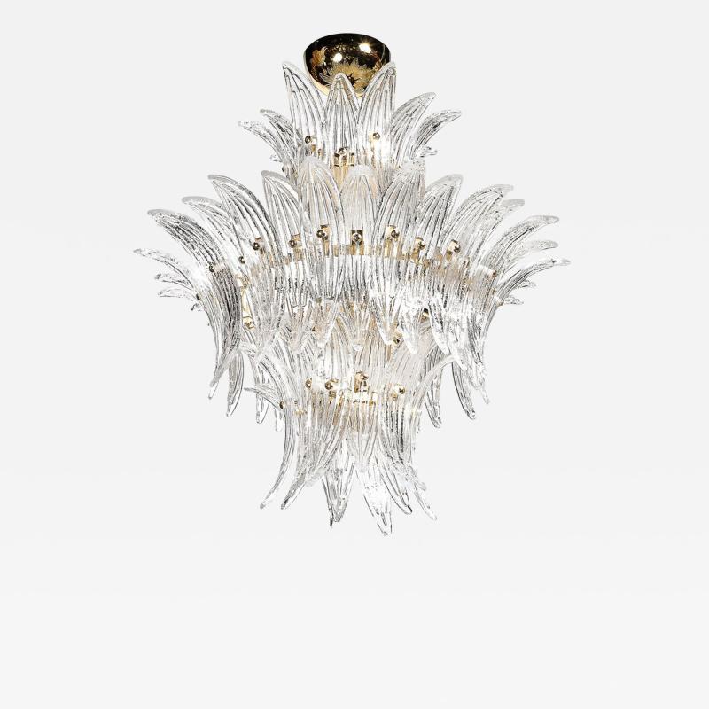 Three Tier Palma Chandelier in Clear Hand Blown Murano Glass and Brass Fittings