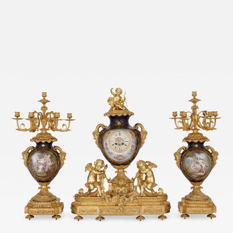 Three piece Louis XV Rococo style porcelain and ormolu clock set