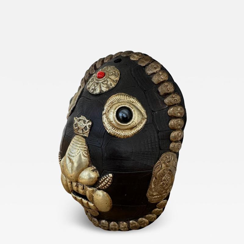 Tibetan Monkey Mask Sculpture with Metal Accents