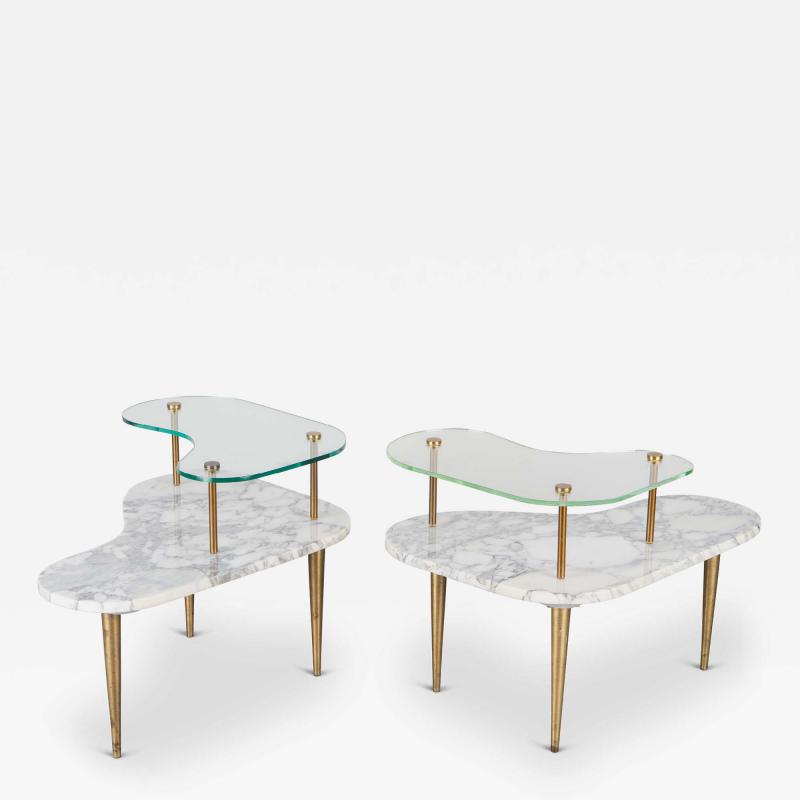 Tiered Italian Organic Form Carrara Marble Accent Tables Pair