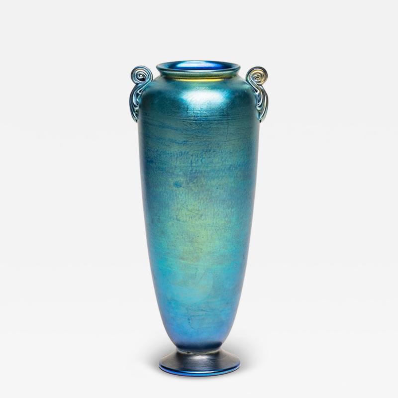 Tiffany Studios Blue Iridescent Favrile Glass Vase with Scroll Handles