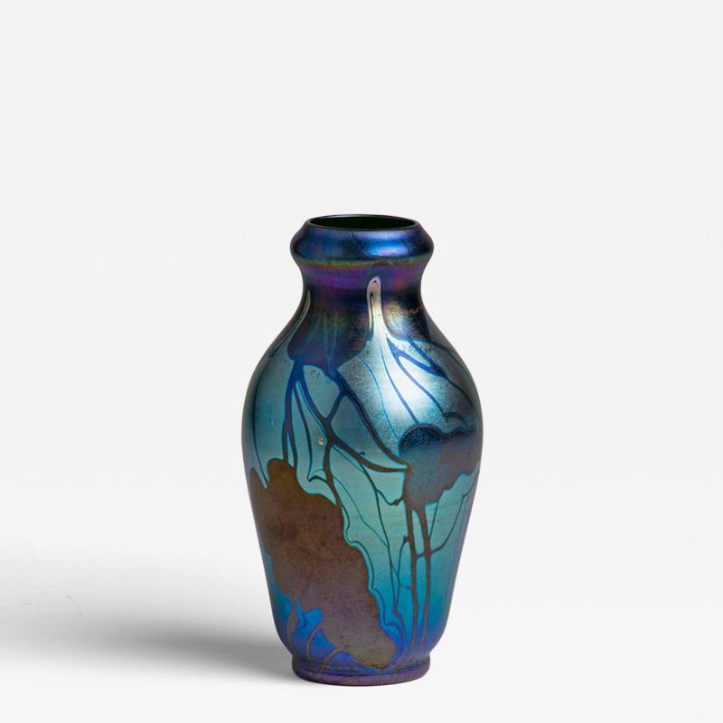 Tiffany Studios Early Decorated Blue Iridescent Favrile Glass Vase