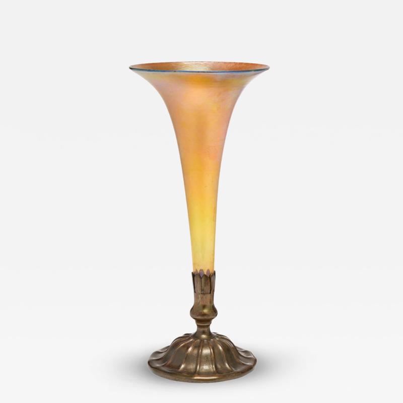Tiffany Studios Iridescent Gold Favrile Glass and Bronze Base Trumpet Vase