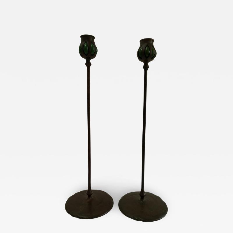 Tiffany Studios Pair Tiffany Studios bronze green favril glass Candlesticks