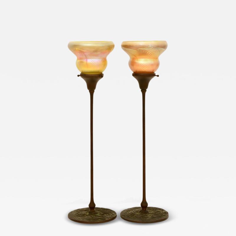 Tiffany Studios Tall Candlesticks with Pulled Feather Shades Circa 1910 