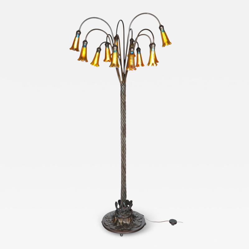 Tiffany Style Bronze Twelve Light Floor Lamp with Charles Lotton Art Glass Shade